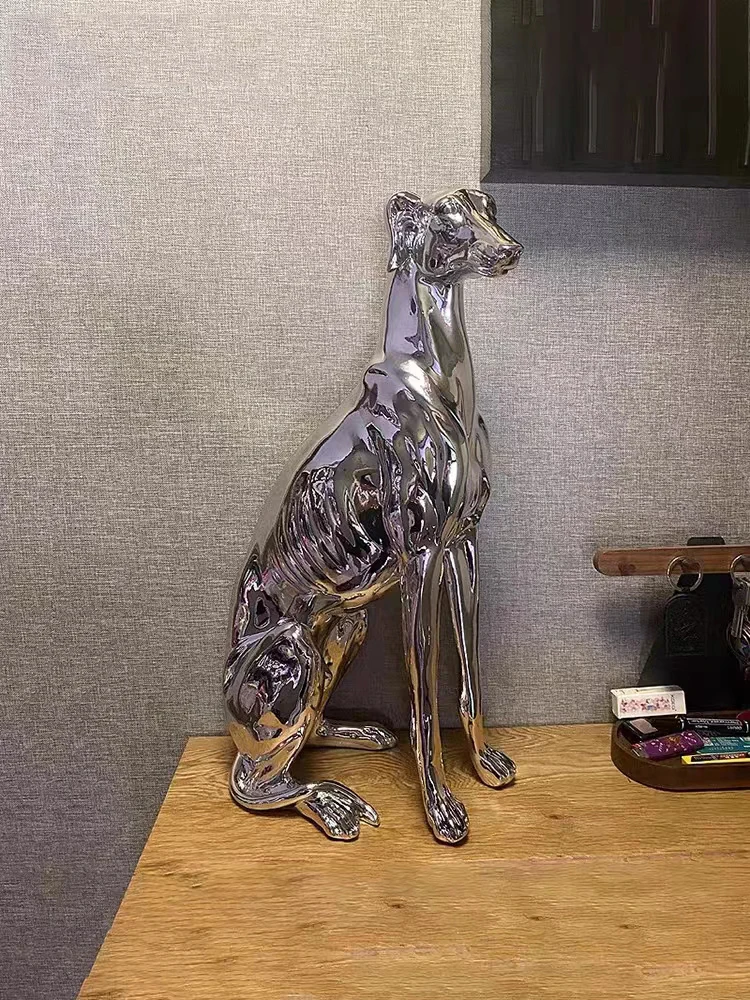 Electroplated Silver Italian Greyhound Sitting Statue Sculpture Modern Home Decoration Interior Accessories Animal Ornaments Gif