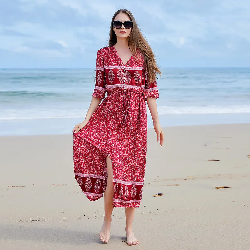 

Bohemian V-neck seaside vacation big swing dress women, large size floral breasted dress hem slit dress fashion simple temperame