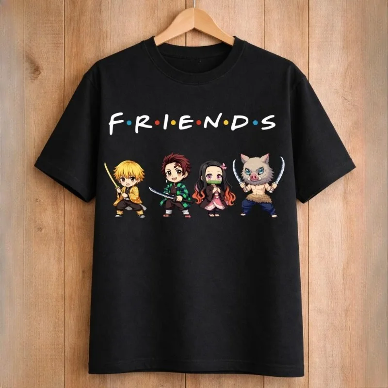 Demon Slayer Friends Charaktere Anime Japanischer Manga T-Shirt Herren Damen Tee Sommer Neuheit Übergroße Streetwear Harajuku O-Ausschnitt