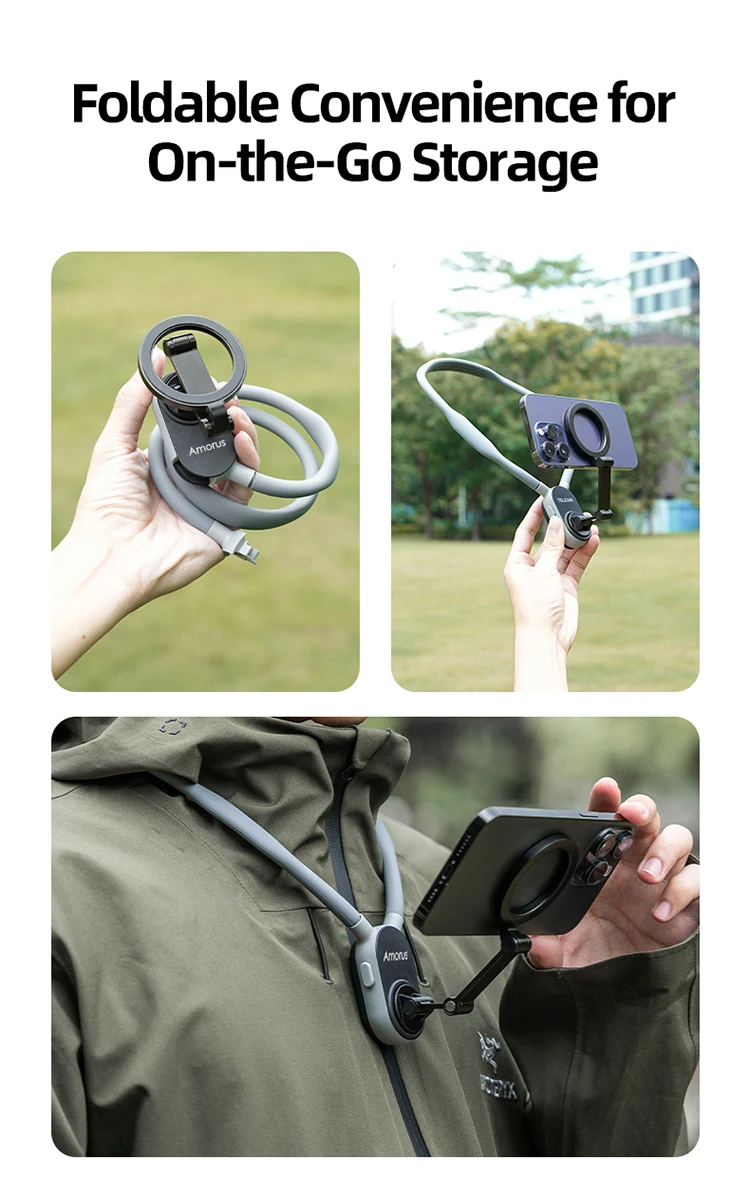 Amorus Silicone Magnetic Neck Mount Quick Release Hold for IPhone 15 14 13 12 SAMSUNG HUAWEI XIAOMI Vlog Selfie Mount Accessory