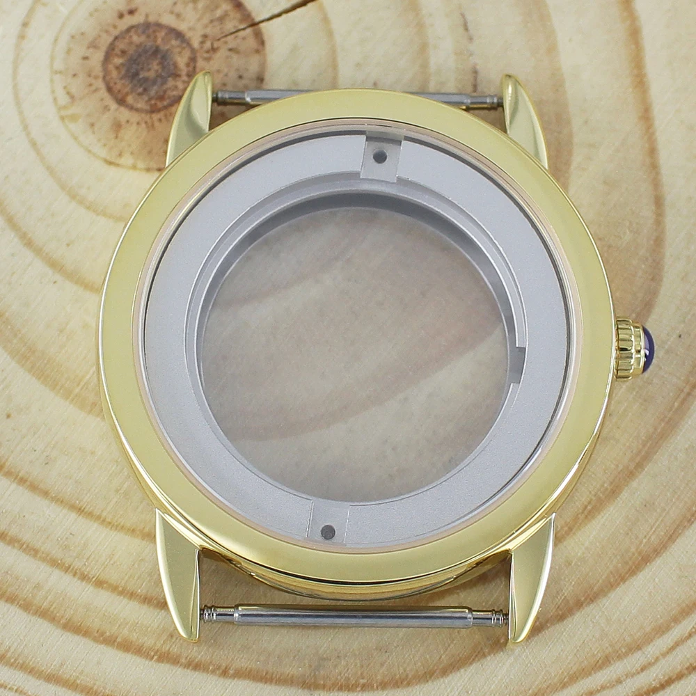 الذهب PVD 42 مللي متر حافظة ساعة من الفولاذ المقاوم للصدأ الياقوت كريستال الساعات اكسسوارات ل Eta2824 PT5000 34.5 مللي متر الطلب انظر من خلال الظهر