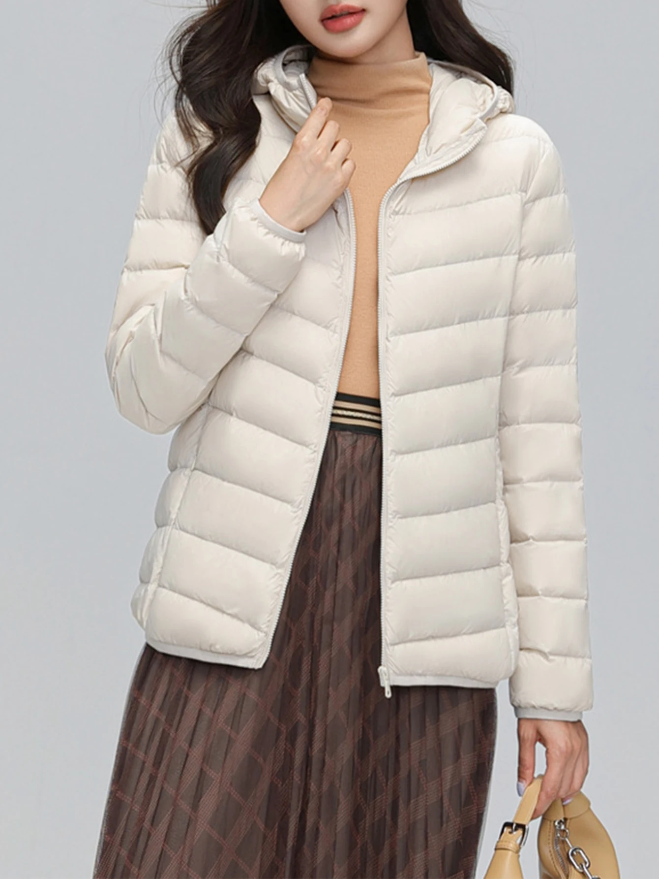 سترة نسائية بأكمام طويلة للخريف والشتاء بلون سادة وسحاب وغطاء للرأس ملابس يومية بأسلوب بسيط ملابس علوية