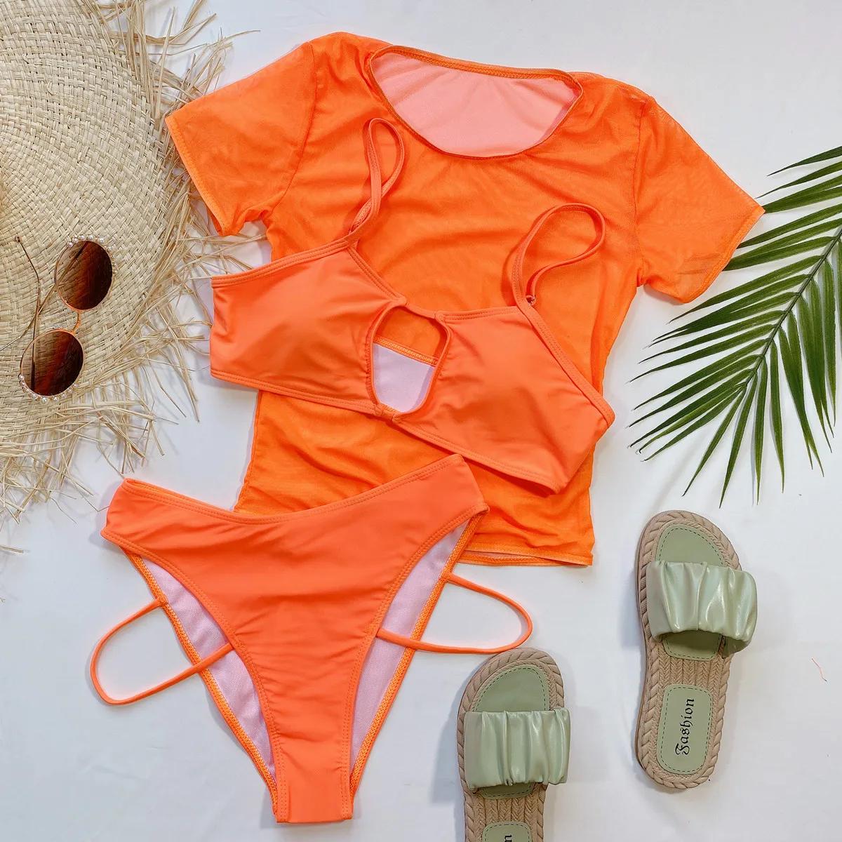 New Sexy Bikini Set 3-Piece Swimwear Swimsuit Women Orange Mesh Short Sleeve Beach Bikinis Set Bathing Suit Banadores Mujer 2024