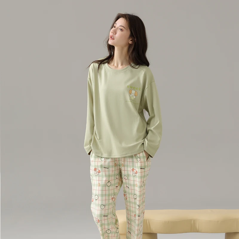 

Женский комплект пижамных брюк из фланели с длинным рукавом, не мнущиеся, с воротником, длиной три четверти, теплые, для сна, осенние, в стиле OL