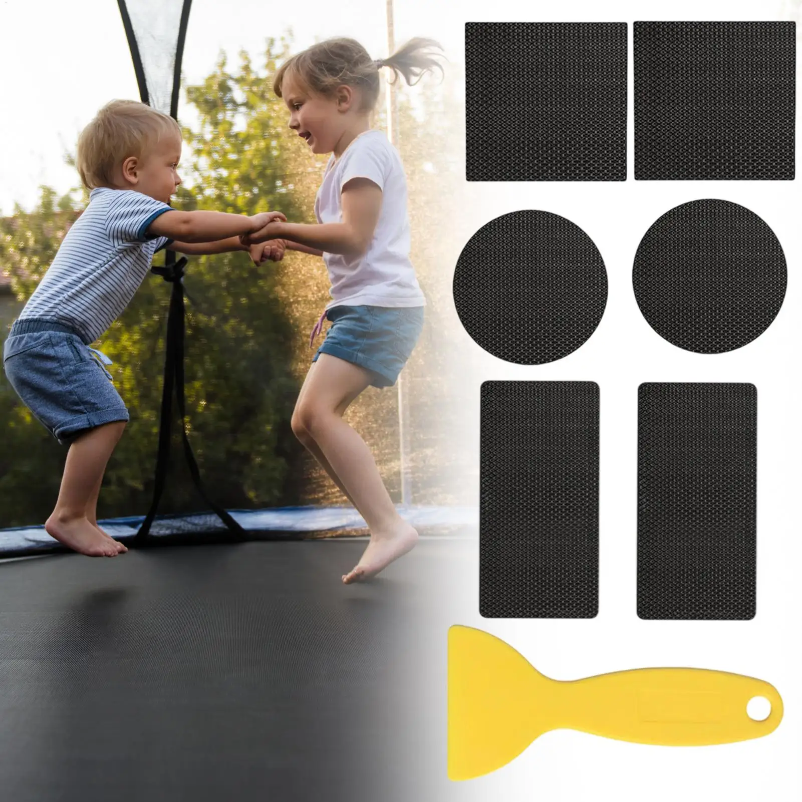 Trampoline Patch Kit 6 Pieces Trampoline Net Tape 3 Shapes Self-Adhesive Patches With Scraper For Garden Tent Kids Sports Games