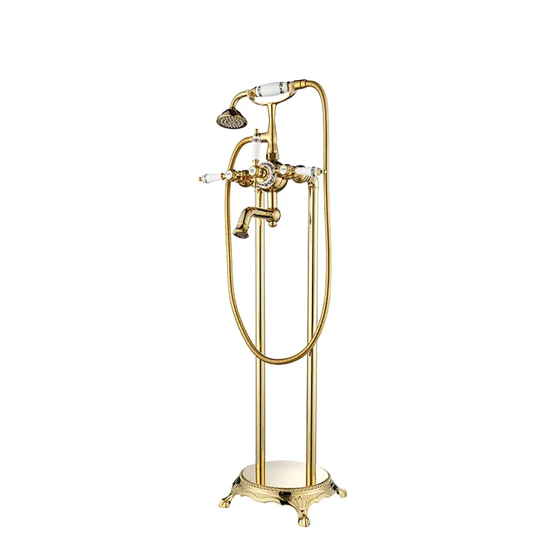 Grifo de bañera con manijas cruzadas dobles independientes de lujo, relleno de bañera, Color dorado, acabado dorado, montaje en suelo, mezclador de agua fría y caliente
