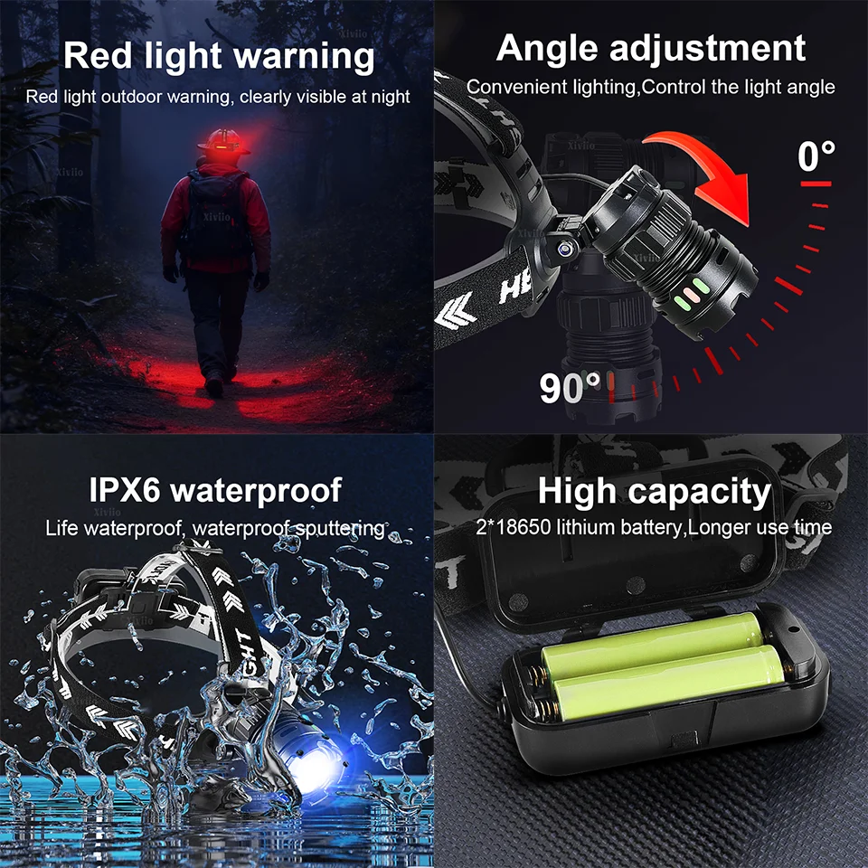90000LM Powerful LED Headlamp Rechargeable Zoom Headlight Long Shot6000M Outdoor Waterproof Work Head Lamp High Lumen Head Torch