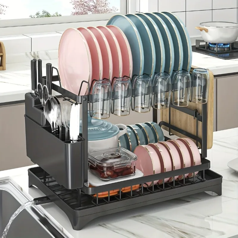 2-Tier Metal Dish Drying Rack – Black Kitchen Counter Dish Drainer with Drainboard, Two-Tier Storage Organizer
