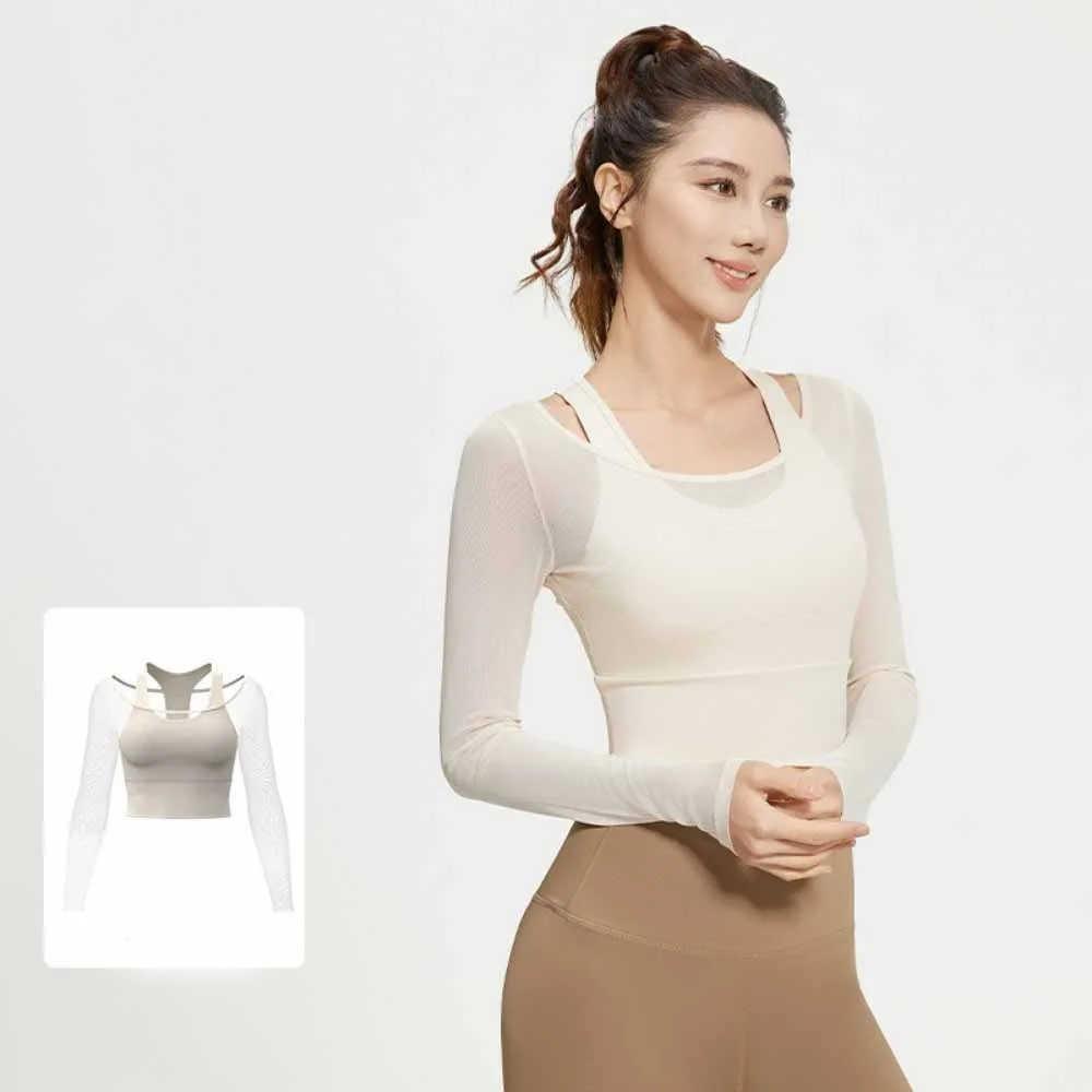 Long Sleeved Fitness Yoga Top Mesh Splicing Fixed Chest Pad Women Sports Top Breathable Pullover Neck Yoga Shirts