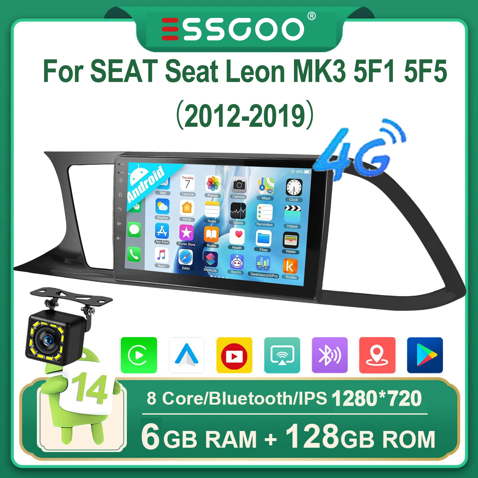 ESSGOO 6+128G 8-CORE Draadloze Apple Carplay Android Auto Voor SEAT Leon MK3 5F1 5F5 2012-2019 Android 15 9 Inch QLED Touchscreen Autoradio GPS Navigatie 4G WIFI SWC RDS Spiegelkoppeling FM/AM