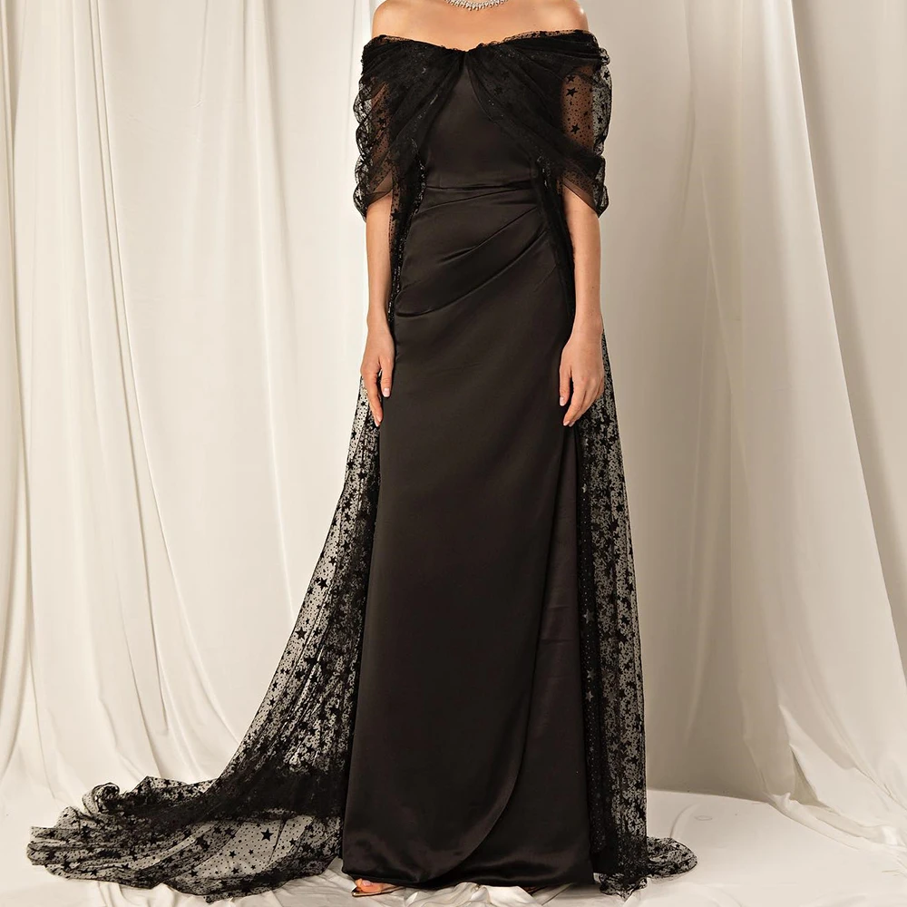 

Graceful Satin Straight Off the Shoulder Lace Evening Dress High Quality Boat Neck Floor Length vestidos de fiesta