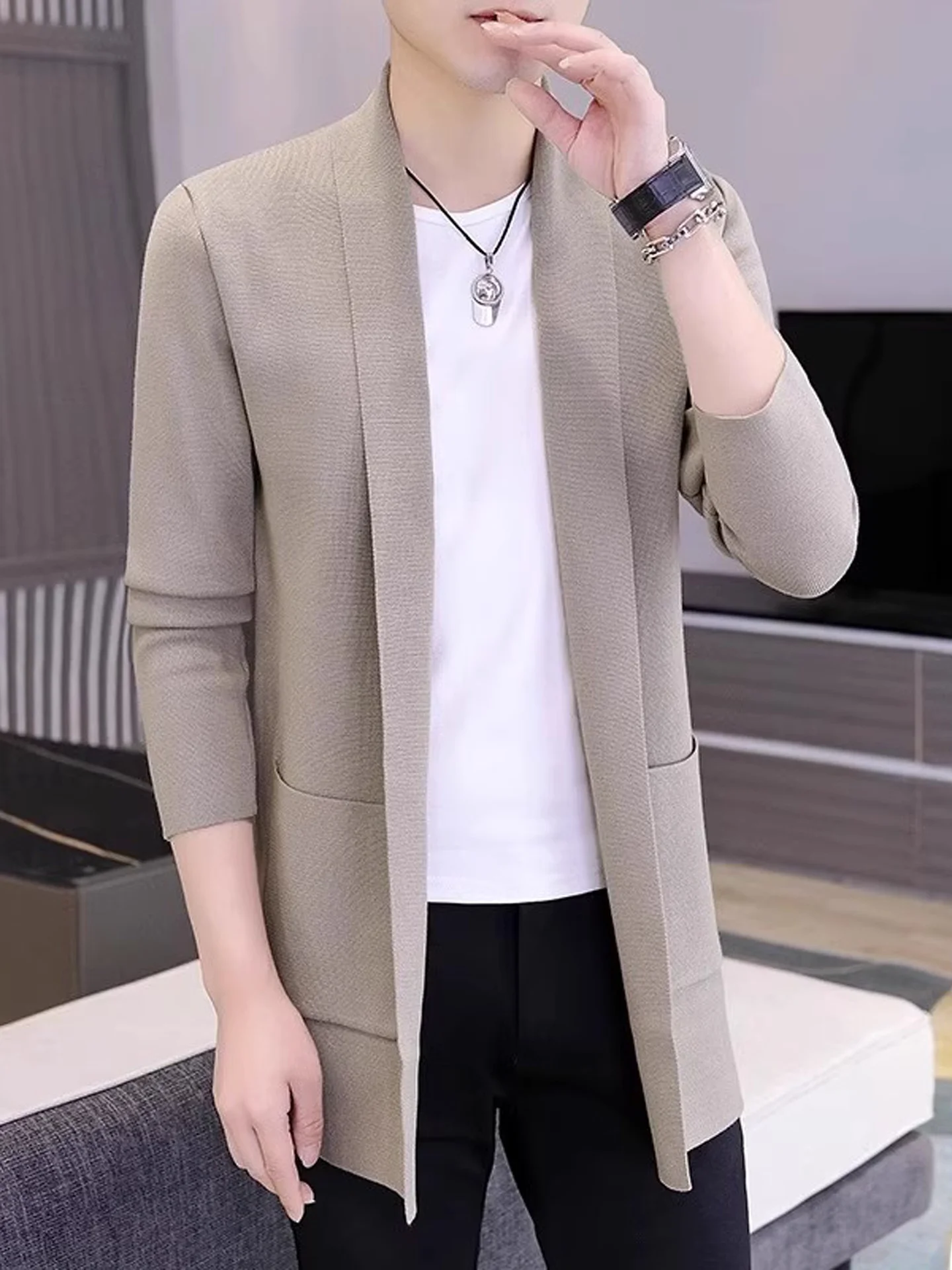 

Мужской вязаный кардиган с длинным рукавом, однотонный свитер-пальто, повседневная ветровка с отложным воротником, деловой повседневный стиль, весенне-осенняя одежда