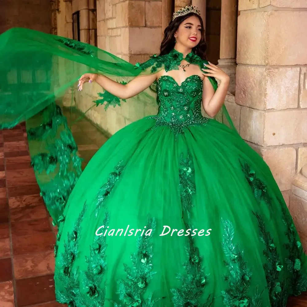 Helle Grün Ärmellose Friesen Kristall Quinceanera Kleid Mit Cape Ballkleid Appliques Spitze Süße 15 Vestidos De XV Años