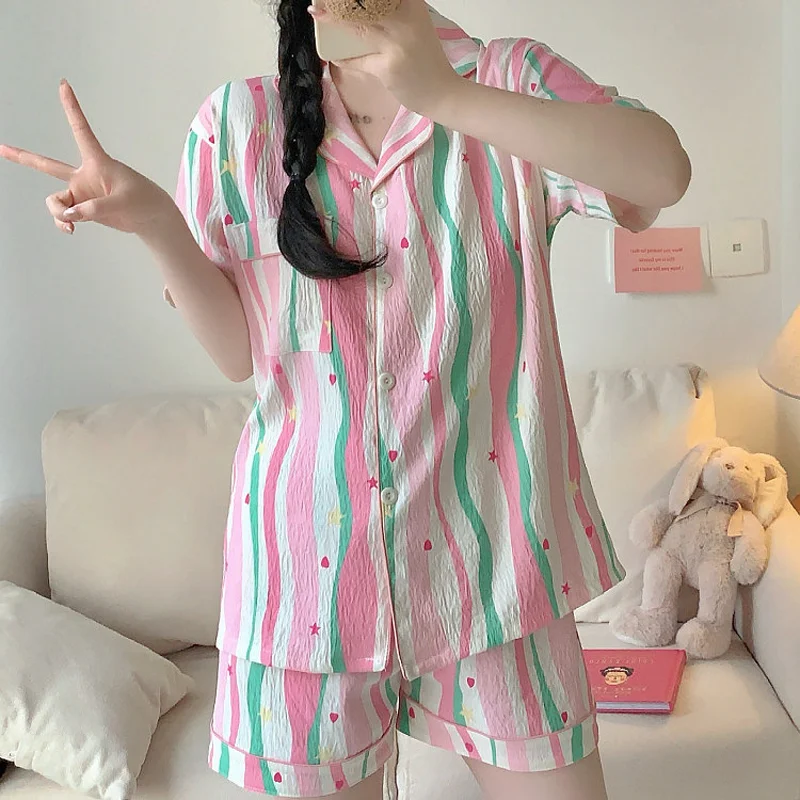 New Ladies Dopamine Striped Pyjamas Women Summer New Short-Sleeved Set of Thin Cloud Cotton Summer Ladies Homewear Pajamas Set