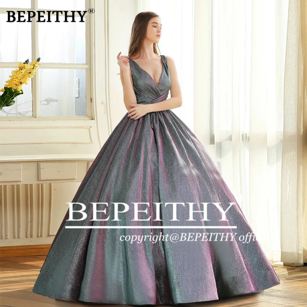 Bepeithy Eenvoudige V-hals Glitter Lange Prom Jurk Voor Vrouwen 2023 Dubai Shining Baljurk Luxe Avond Party Gown Formele gelegenheid