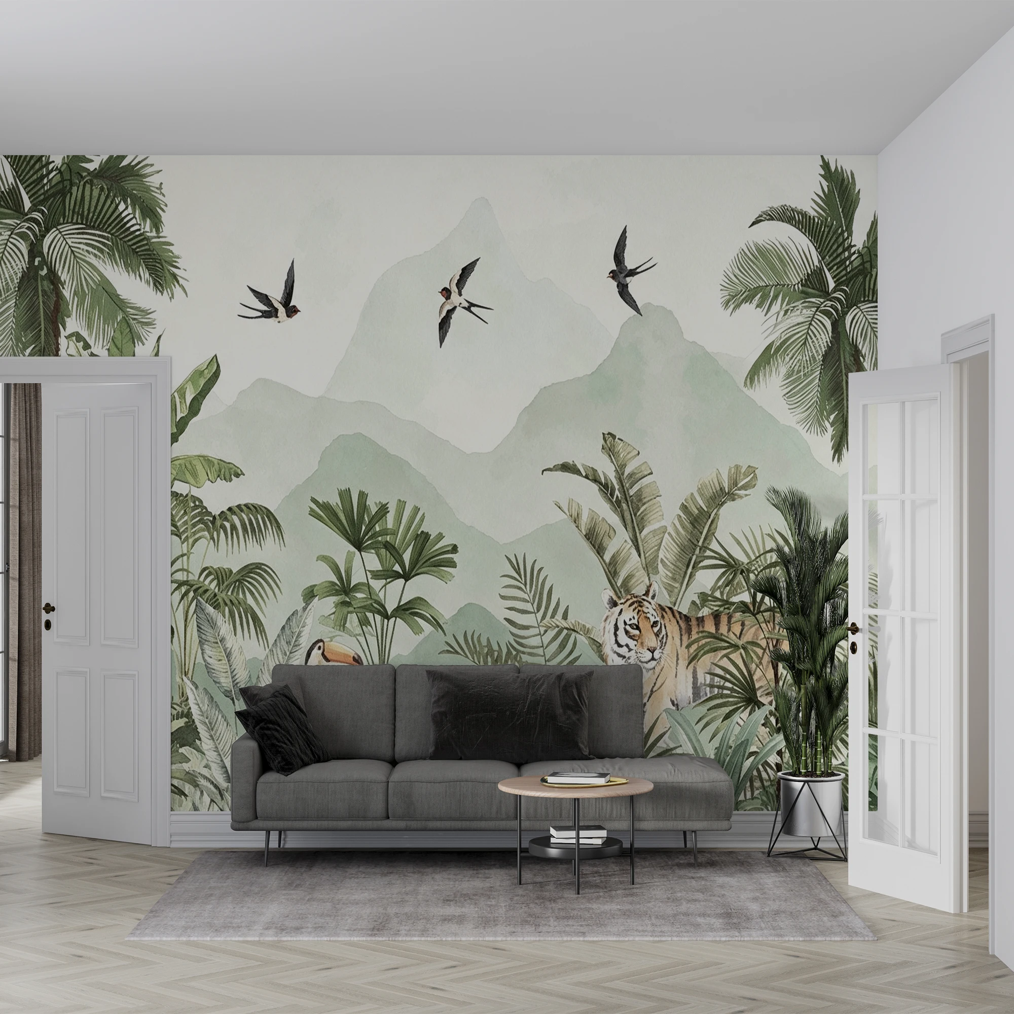 MilofiCustom Mural Wallpaper Watercolor Tropical Jungle Tiger Palm Leaf Swallow Mountain Print Wall Mural Living Room Decor Pape
