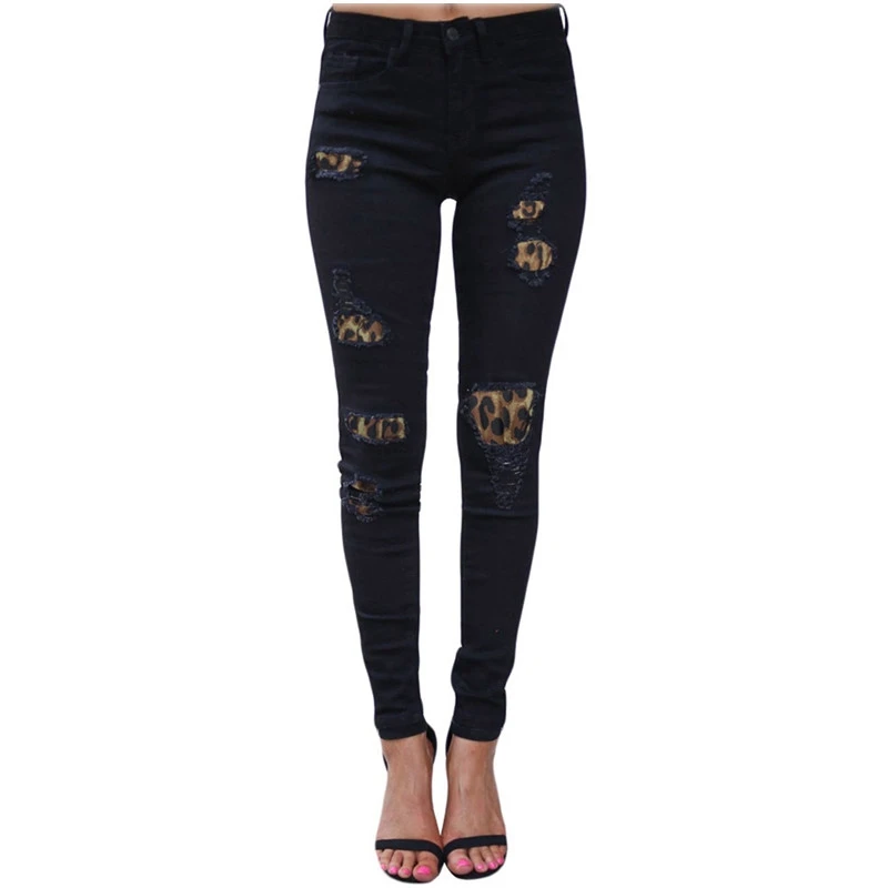 Jeans a vita alta per le donne moda Slim Hole Leopard Patchwork Jeans lunghi pantaloni Jeans strappati Sexy Jeans Push Up Boyfriend