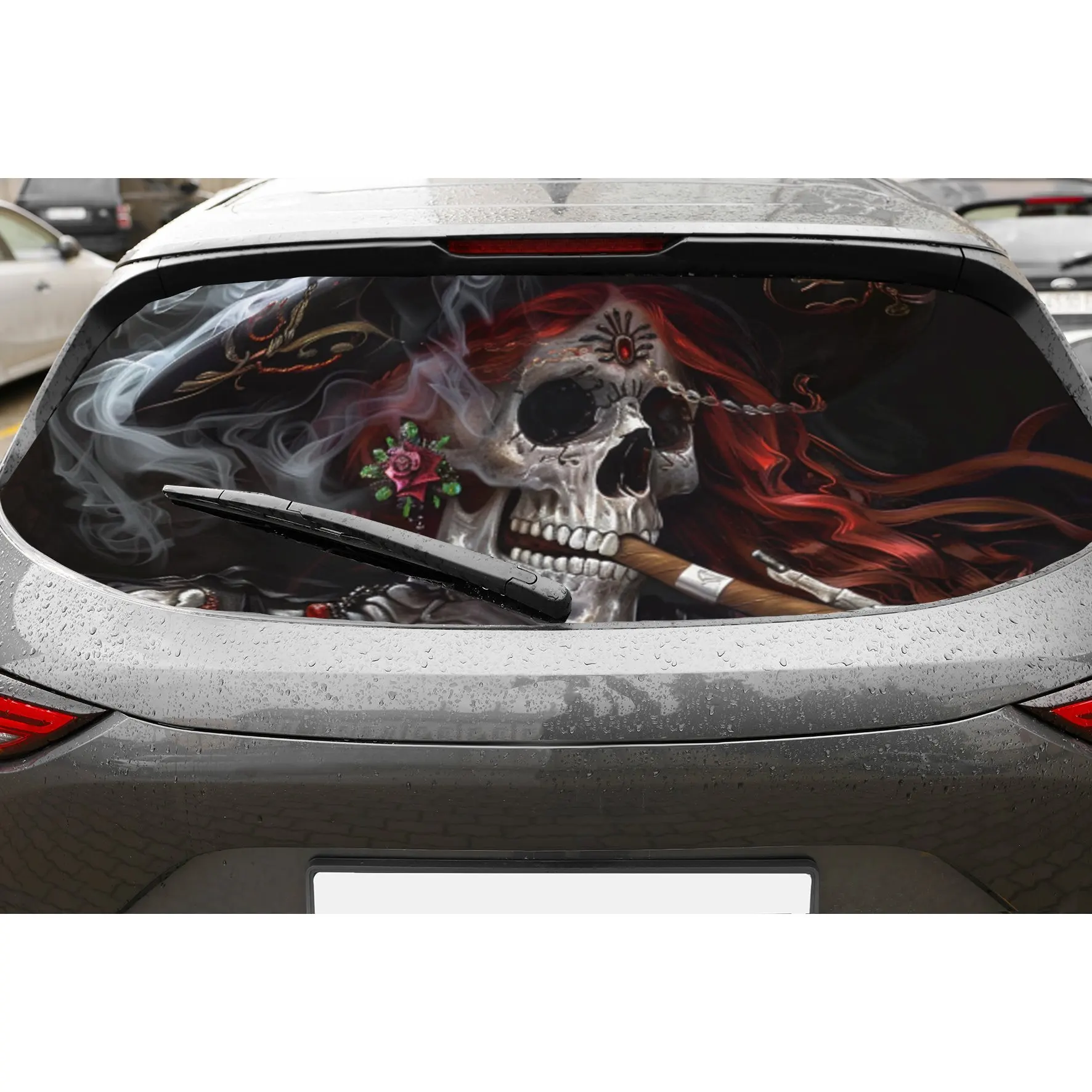 

Skull Hat and Roses Art Smoke PVC Perforated Car Vinyl Wraps, Privacy Enhancing Design for Rear Window, Car Rear Windshield Stic