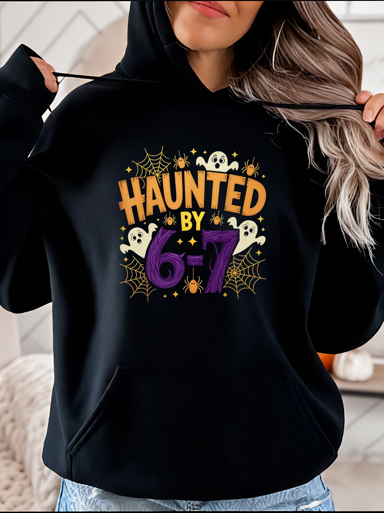 

Haunted by 6-7 Halloween Ghost Spider Web Print Women's Hoodie Casual Sweatshirt for Women Autumn Winter Fashion
