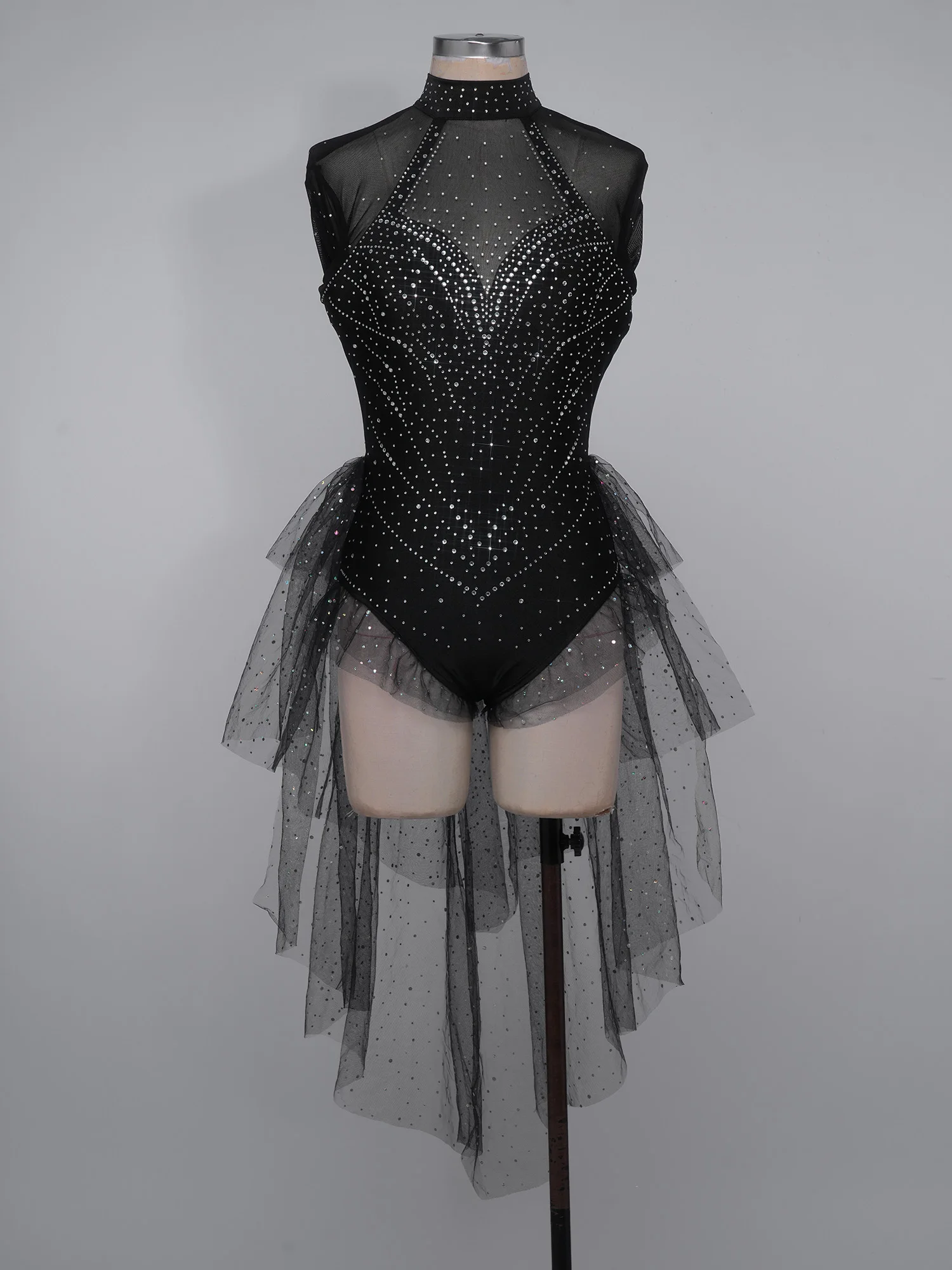 Damen Eiskunstlauf-Bodysuit mit Langen Ärmeln, Strass-Verzierung, Stufenförmigem Rüschen-Tüllrock, Leotard-Jumpsuit für Ballett-Wettbewerbe und Tanzbekleidung – Detail 12