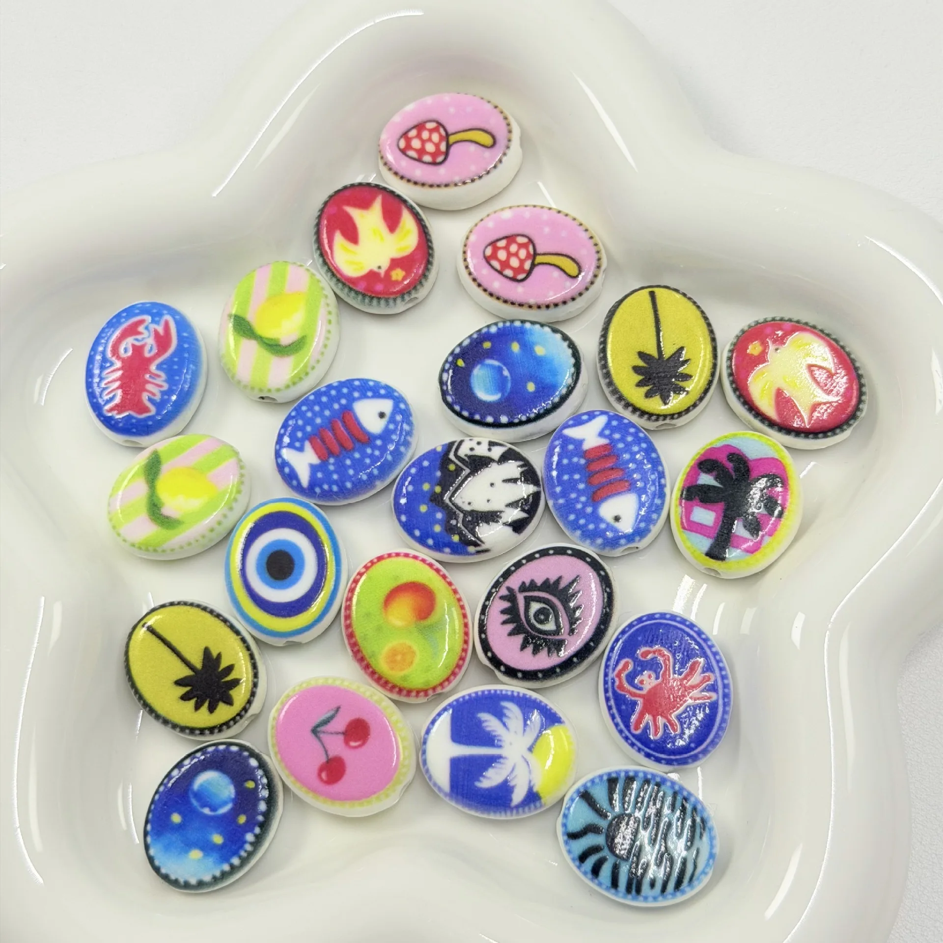 5PCS Hand Drawn Marine Animal Fruits Ceramics Beads For Jewelry Making Interval Beads Necklace Bracelet Craft DIY Supplies
