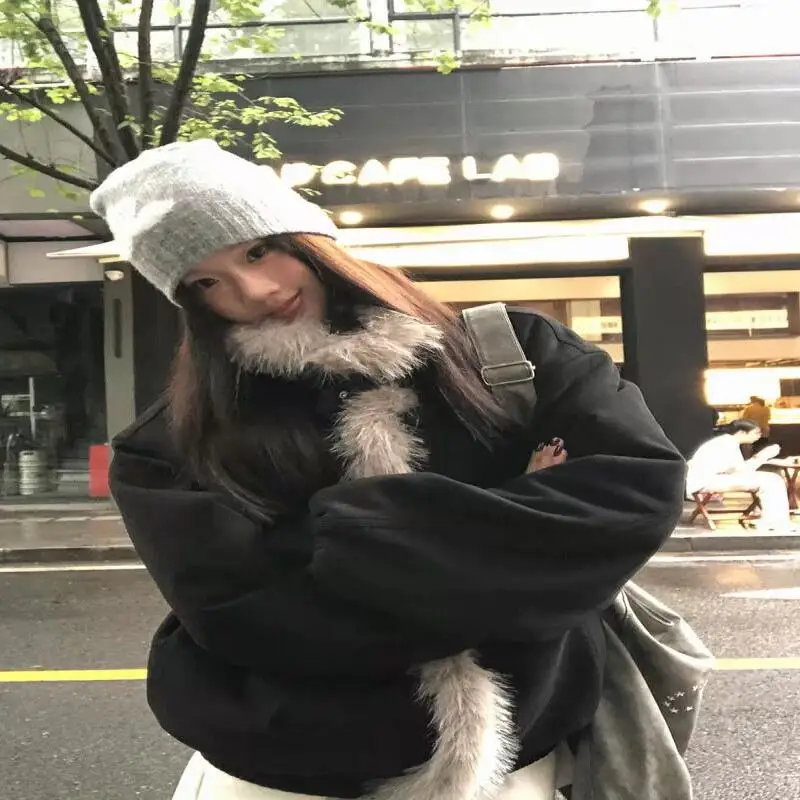 Women's Autumn and Winter Cotton Padded Jacket Outdoor Daily Wear Vintage Faux Fur Coat Winter 2025 New Black Suede Collar Tops