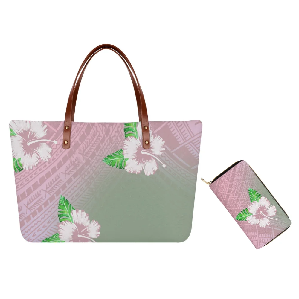 

Summer Custom Hd Patterned Text Women'S Tote Casual Large Capacity Leather Shoulder Bag And Purse Set Polynesian Art Print