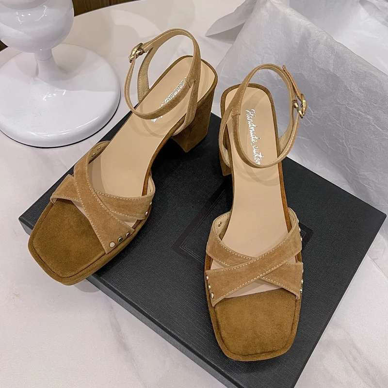 

Women's Platform SandalsThick Square Heel Ladies Shoes Open Toe Summer Sandals Sheepsuede Buckle Strap Shoes For Women