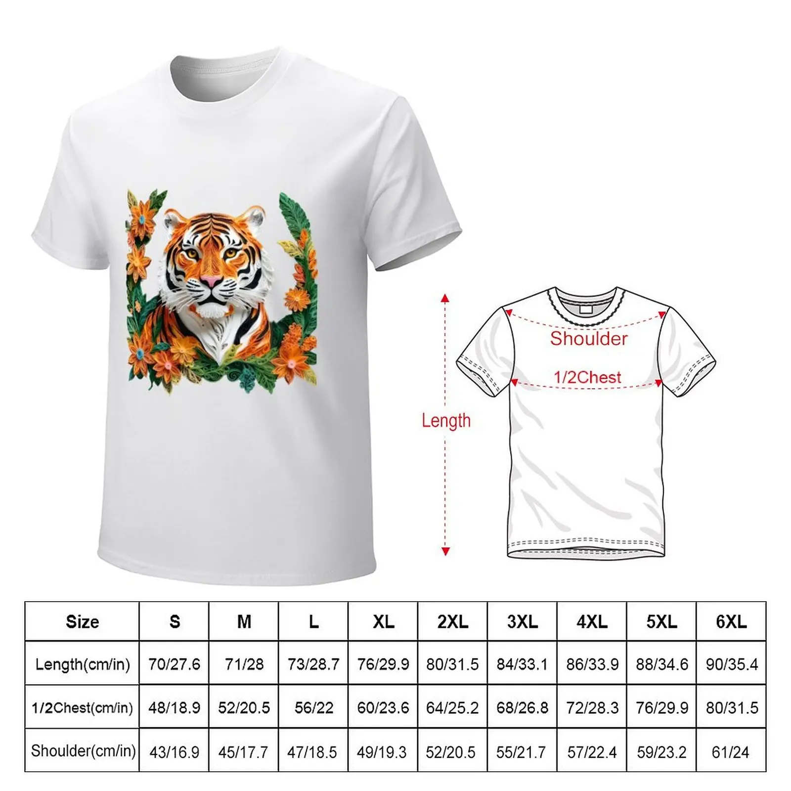 Tiger paper quilled effect with floral accents T-shirt graphics customs T-shirts for men cotton