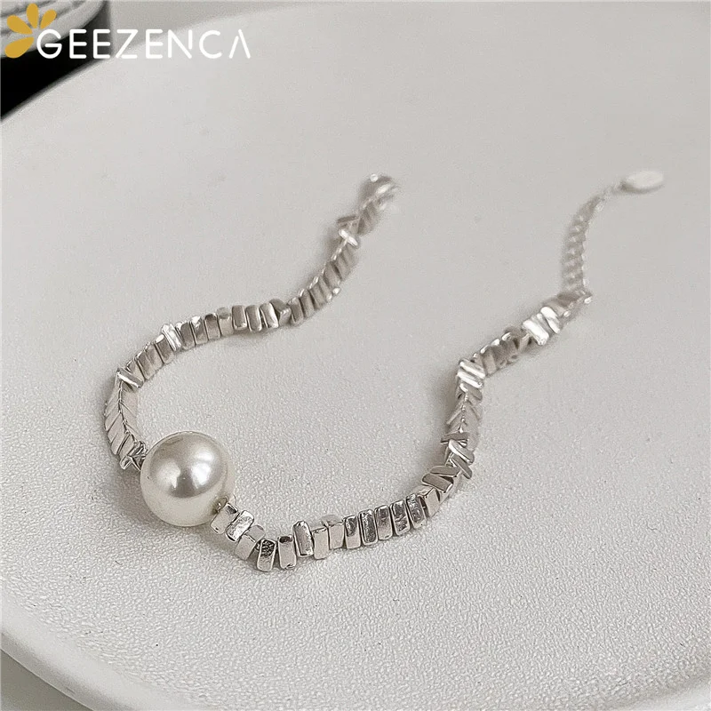 GEEZENCA S925 Sterling Silver Triangular Pieces Inlaid Pearl Choker Necklace Bracelets Kpop Trendy Geometric Jewelry Sets Gift