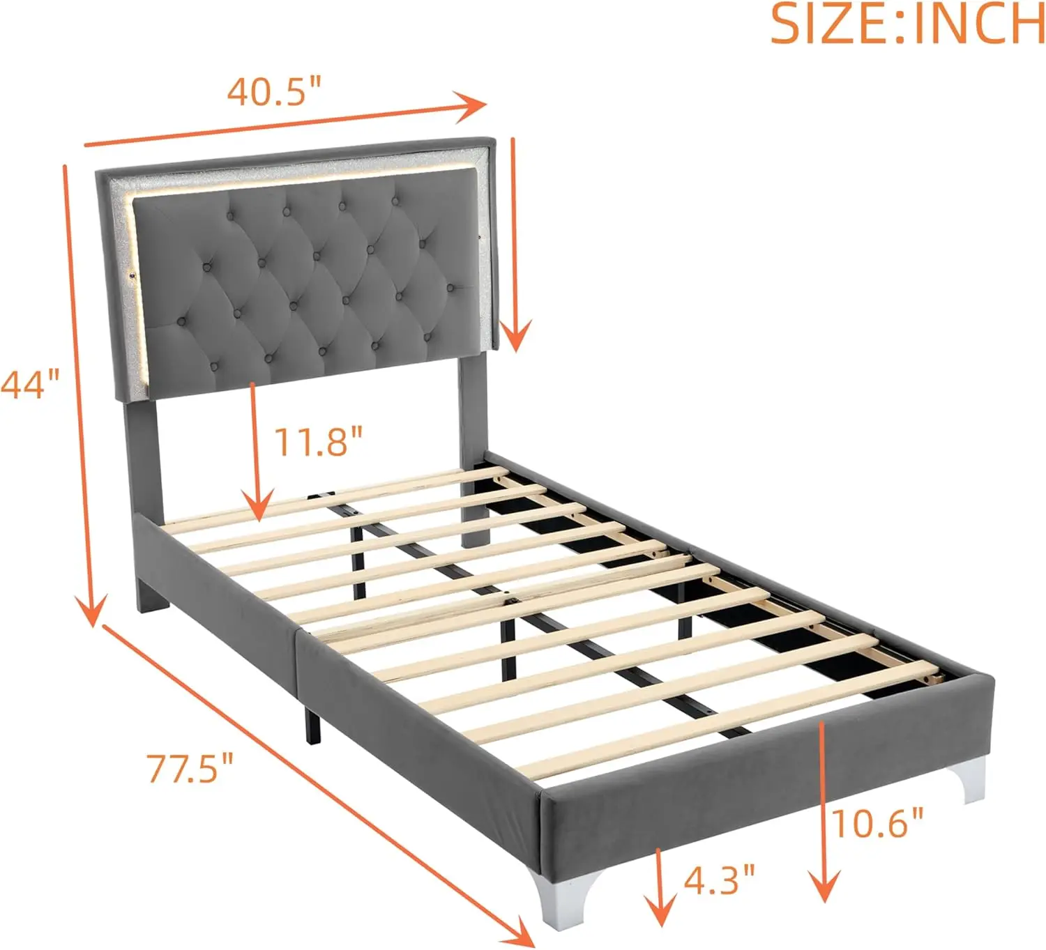 Twin Size Upholstered Bed Frame with LED Lights, Modern Velvet Platform with Tufted Headboard, Grey