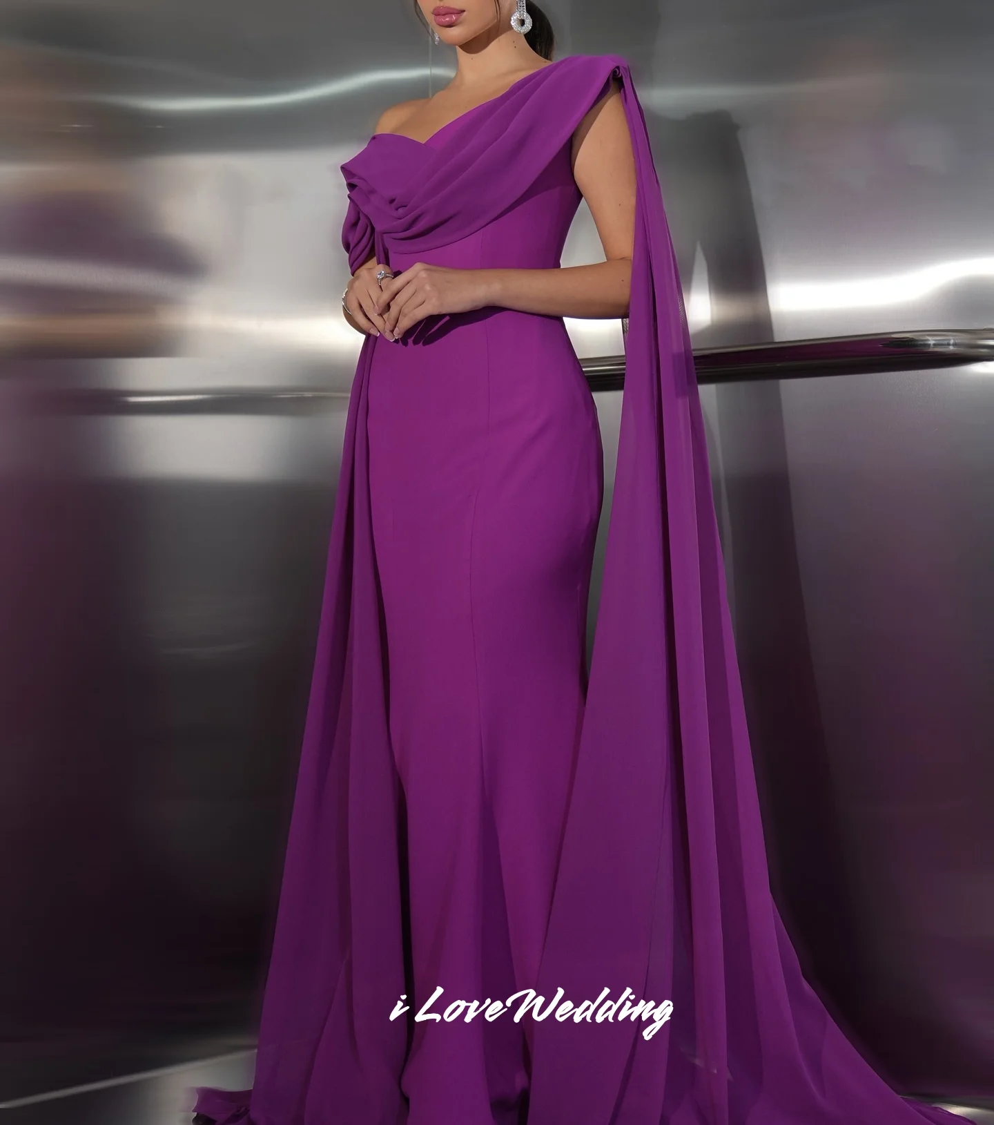 Purple Off Shoulder Evening Dress 2025 Pleat Shawl Mermaid Backless Lace-up Floor-Length Elegant Wedding Guest Dress Customized