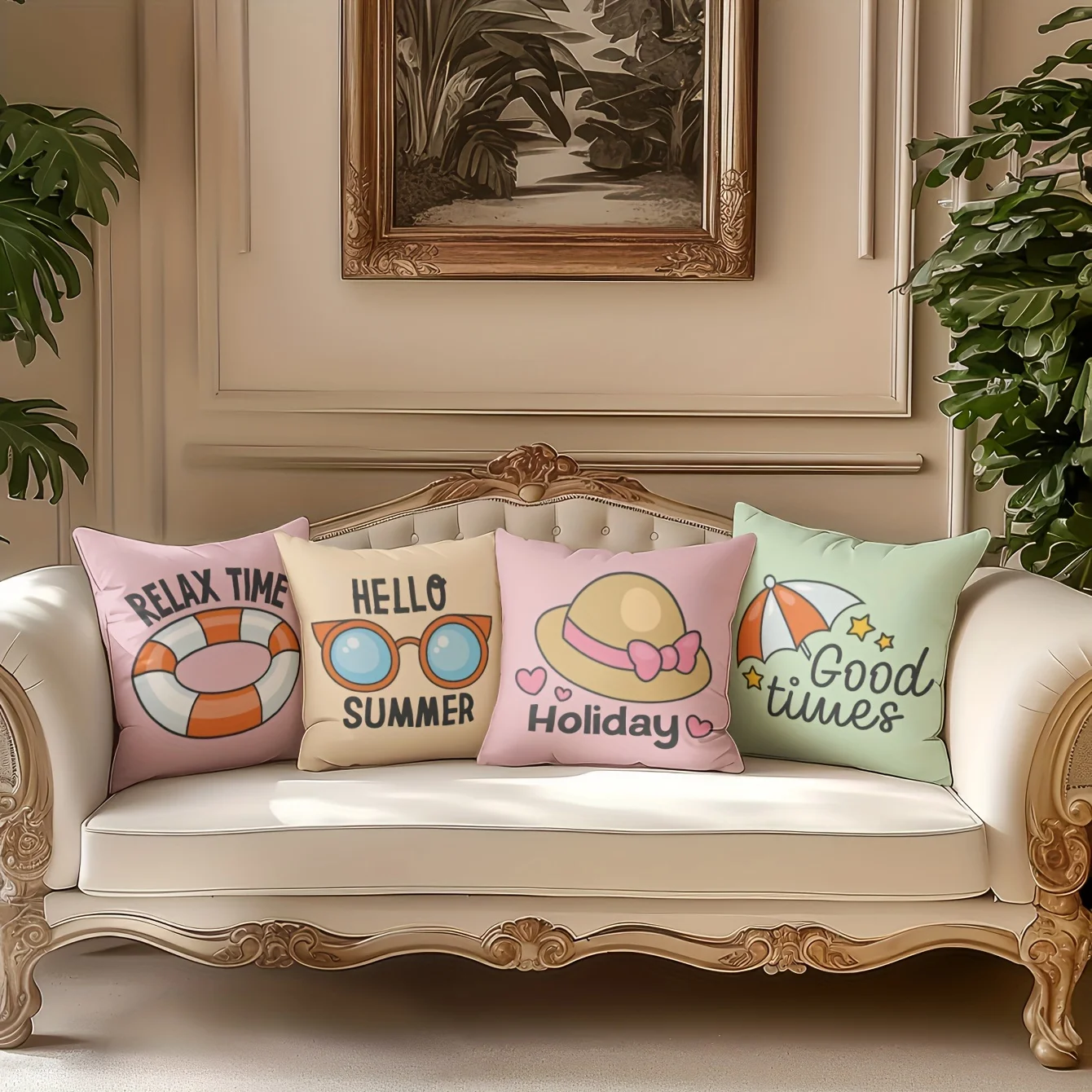 4pcs Summer vacation theme Single-sided printing Short plush Suitable for living rooms bedrooms sofas (excluding pillow cores)