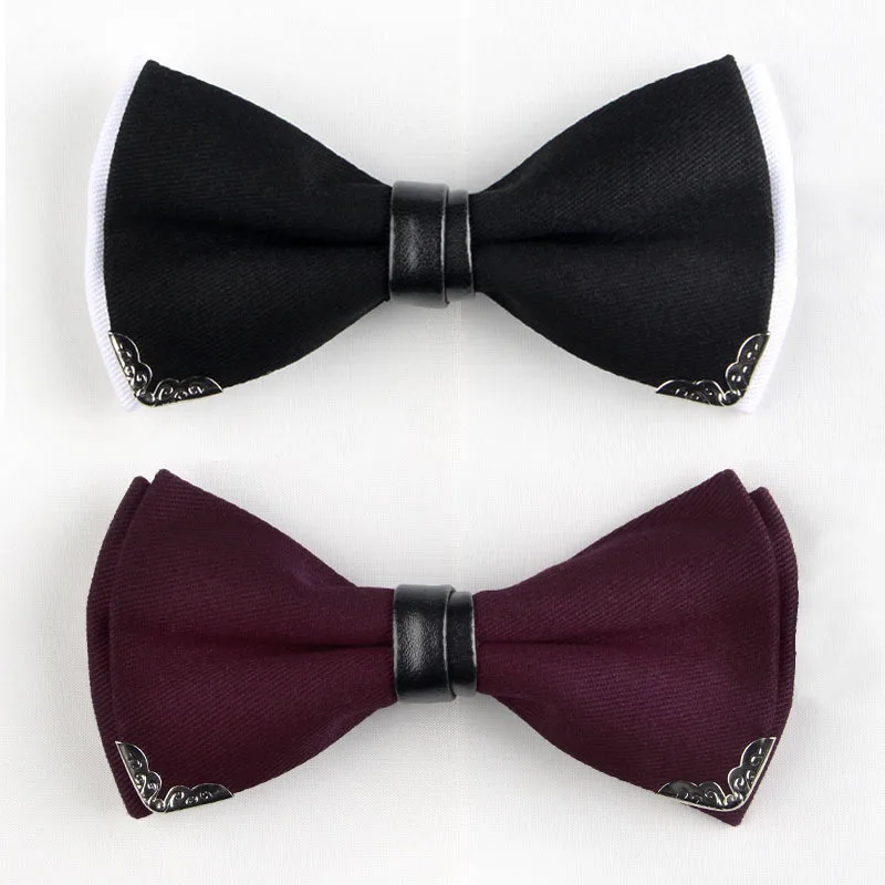 

12*6CM High Quality Man's Wine Black Solid Cotton Metal Edge Double Layered Bowtie for Groom Wedding Banquet Party Neckties