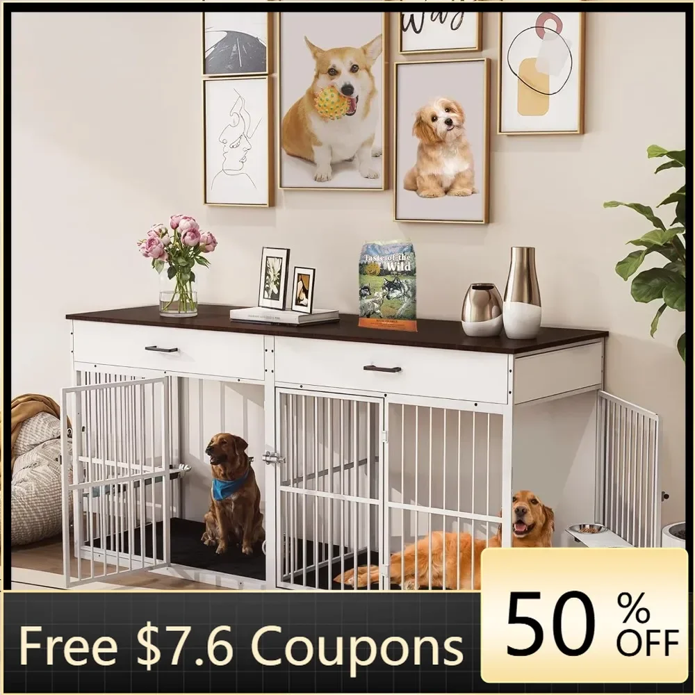 Dog Crate Furniture for Medium Dogs,Dog Cage for 2 Large Dogs,Dog Crate Cabinet with Storage,Dog Crate Table White