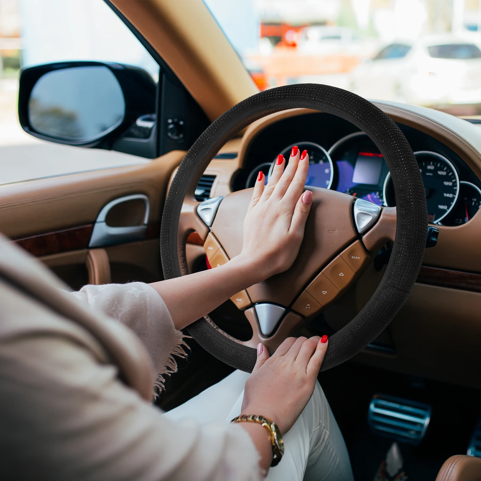 

Rhinestone Steering Wheel Cover Glitter Car Interior Accessory Soft Fiber Non Slip Decorative Vehicle Wheel Cover