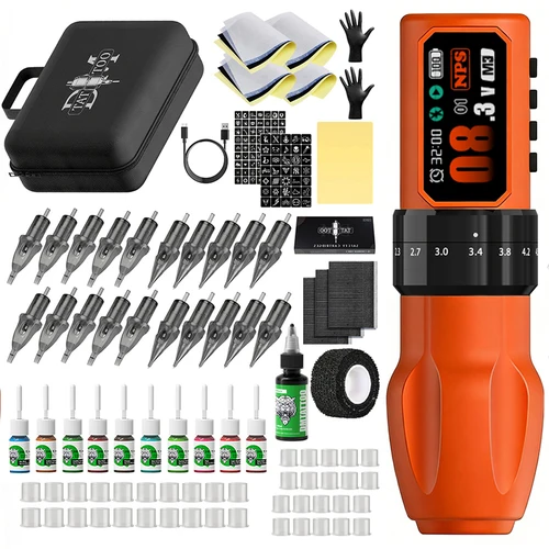 Imagen 2 del producto Kit de máquina de tatuaje profesional, pluma de tatuaje de carrera ajustable inalámbrica, Motor sin escobillas sin núcleo con aguja de tatuaje, taza de tinta para tatuaje