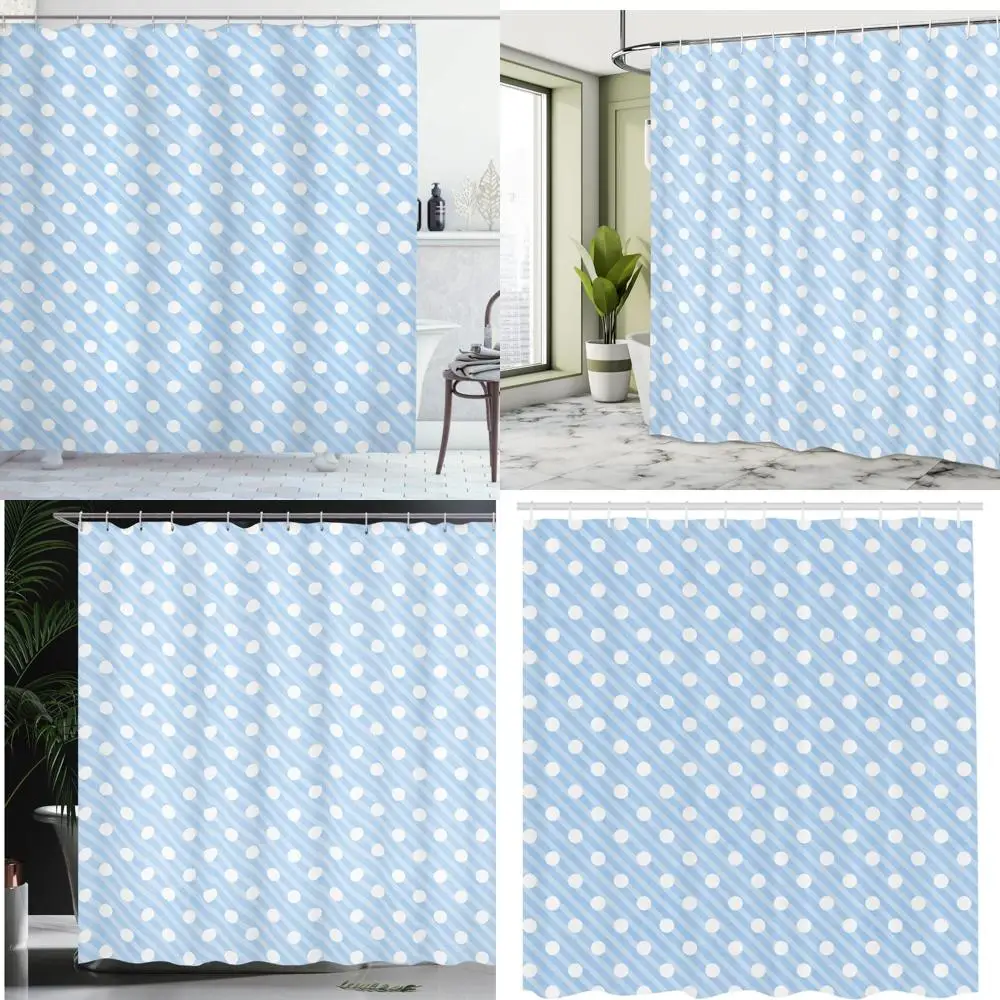 

vintage polka dot shower curtain with sky blue background and soft tones, fabric bath curtain