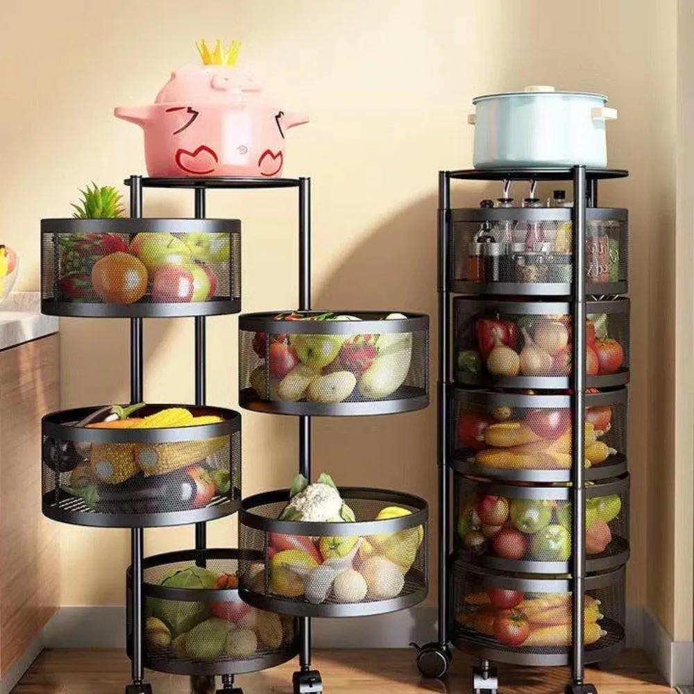 Multi Layer Rotatable Vegetable Basket Mobile Kitchen Shelf Multifunctional Fruit Mobile Rotating Vegetable Shelf   Rolling Cart