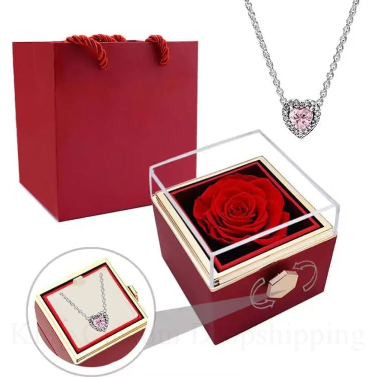 New Eternal Real Rose Rotating Box Heart Crystal Diamond Necklace Valentine's Day Birthday Jewelry Gift for Friends and Lover