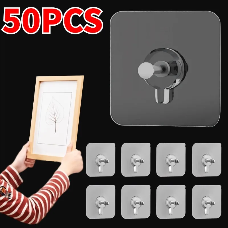 Self-Adhesive Wall Hook Strong Traceless Frame Hook No Drill Traceless Sticker Kitchen Bathroom Screw Hook Hanger 10-50PCS