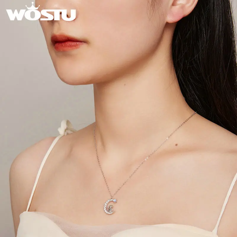 Cute Cat Moon Necklace with Crystal Zircons
