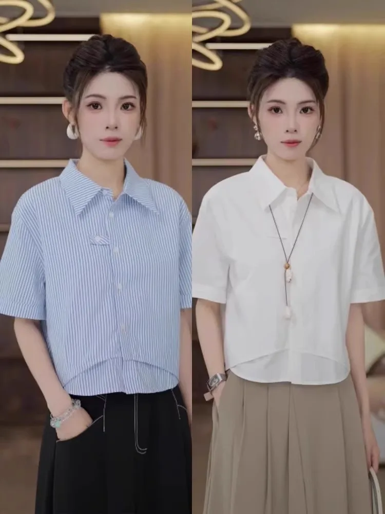 

Blue Striped Collar Short Sleeve Shirt Women's Summer 2025 New Trendy Cotton Casual Top Quality Shirt Upper Body