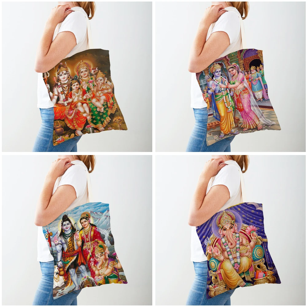 Borse per la spesa da donna casual con cartoni animati della mitologia indiana Entrambi i lati Borsa shopper Shiva Ganesha Borse da viaggio in tela