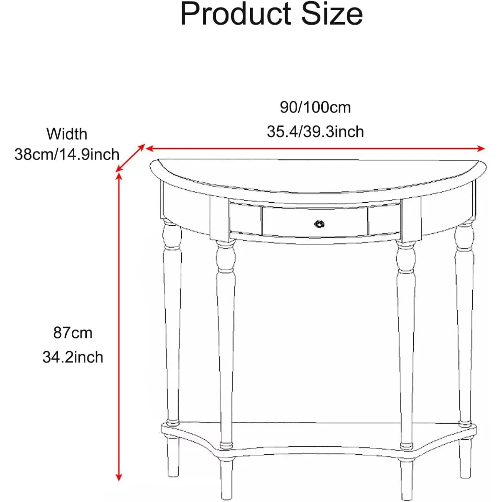 طاولة كونسول من الخشب الصلب مع درج، رف تخزين مدخل شبه دائري، طاولة دخول عتيقة مع رف سفلي مفتوح، نصف دائرة #2