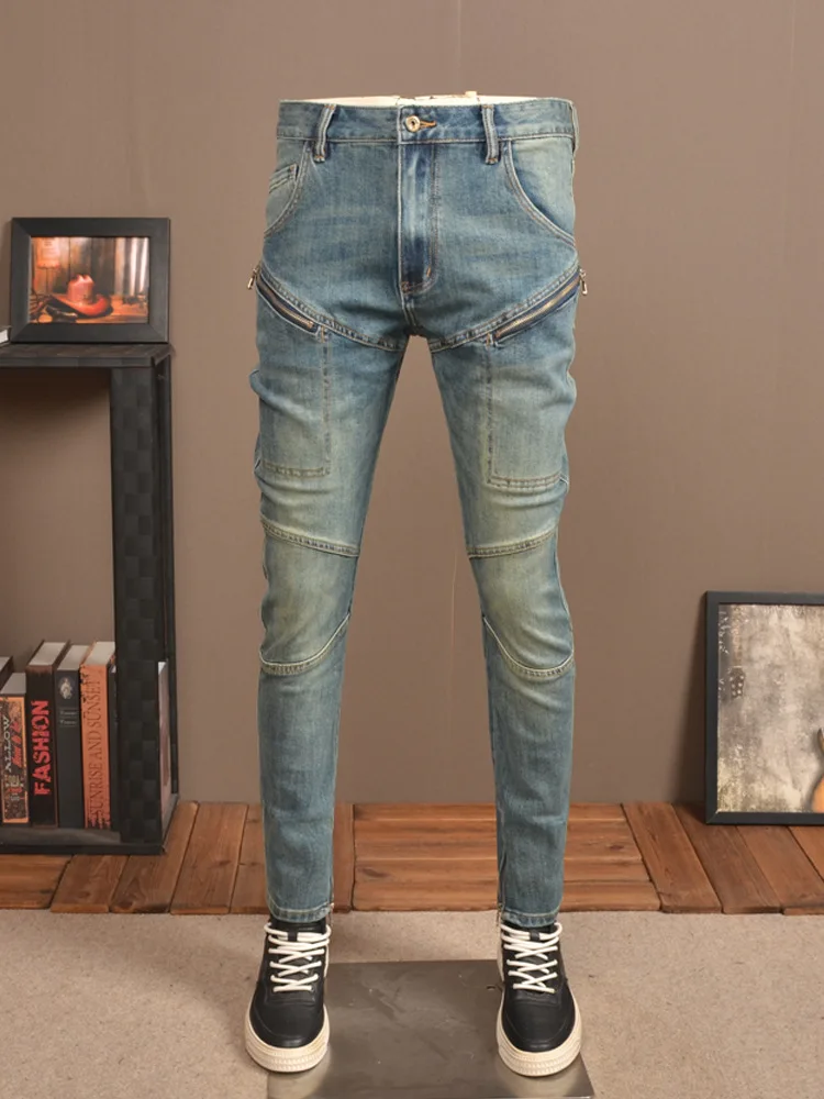 Retro Distressed Stitching Motorcycle Jeans Men's Personalized Men's Clothing Stretch Slim Fit Skinny High-End High Street Pants