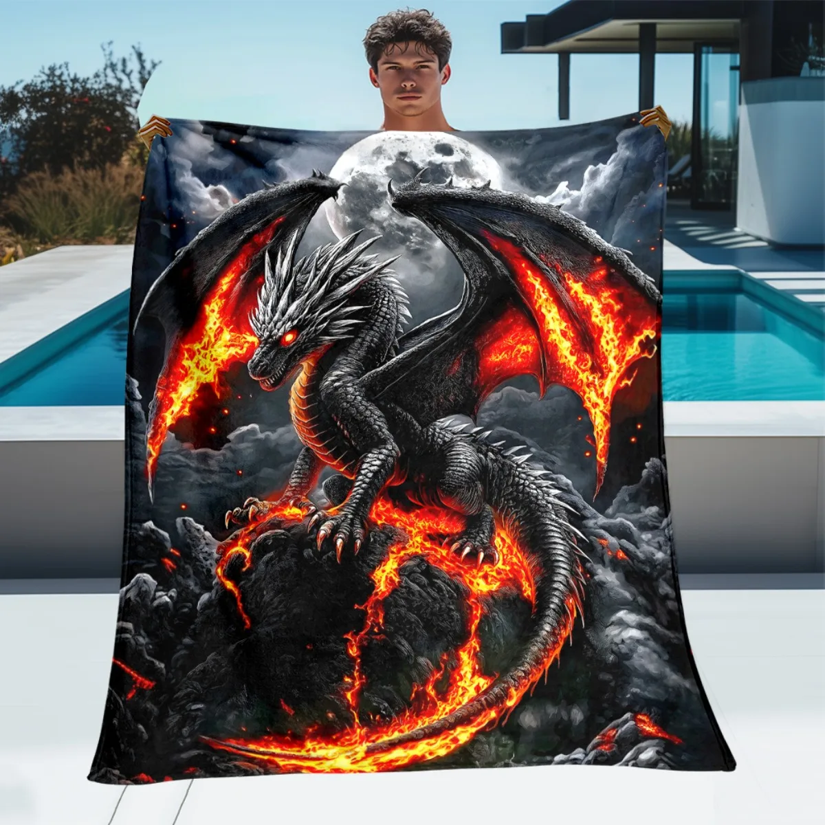 1pc Black Dragon Burning Pattern Throw Blanket - Lightweight Sofa Blanket, Suitable for Camping, Living Room, Office, Chairs, an