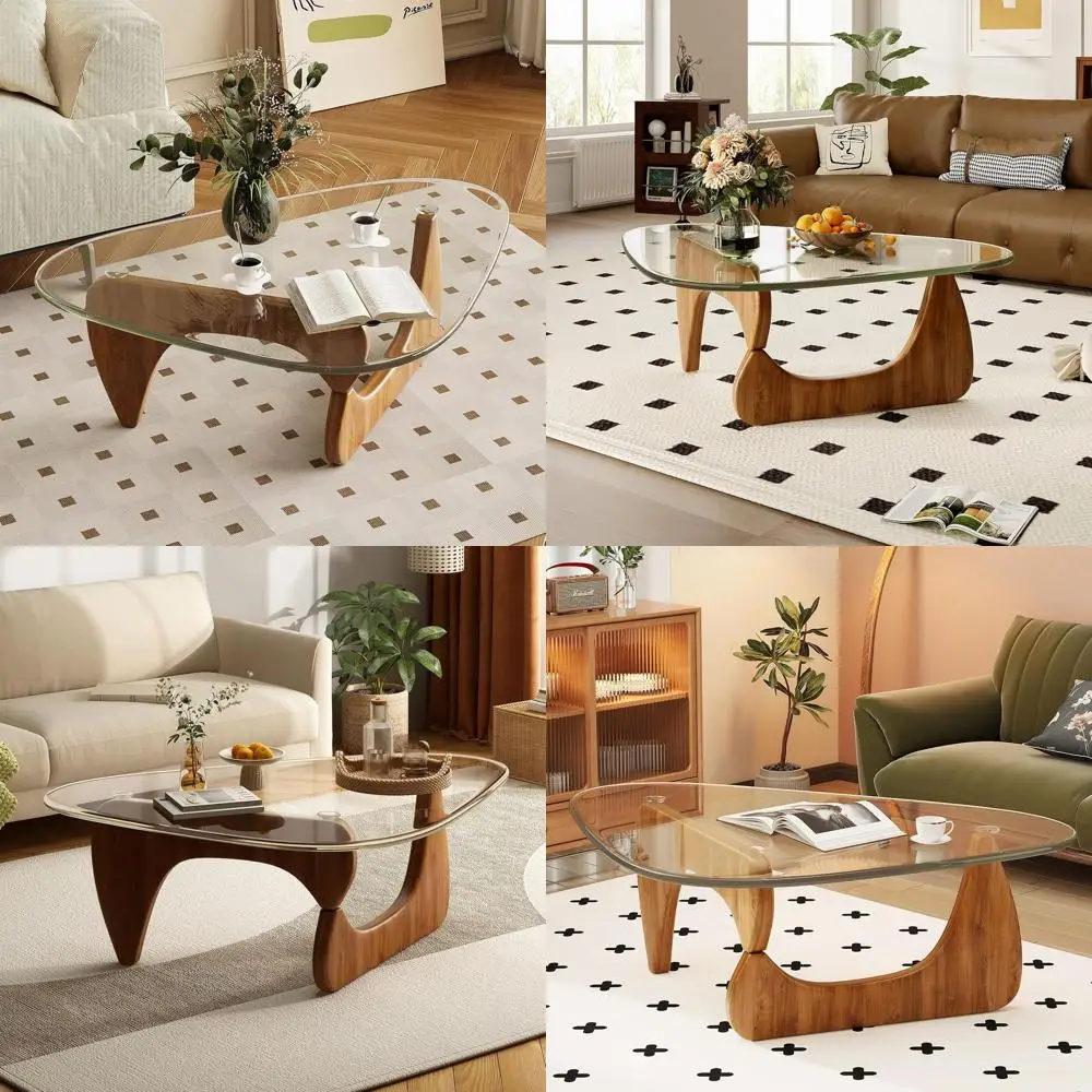 

Mid-Century Modern Living Room Coffee Table with Glass Surface and Walnut Wood Base