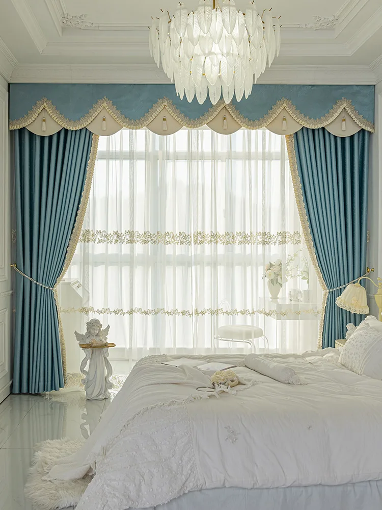 

Custom light luxury Nordic baby blue blackout bay window floor curtain cloth blackout curtain tulle valance drape C1849