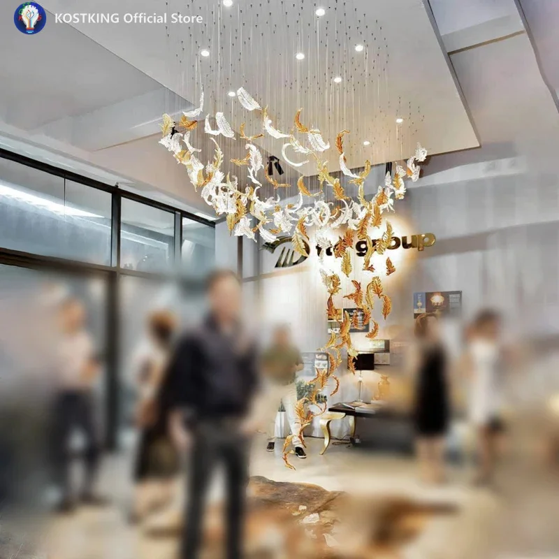 2026 Hand Blown Glass Feather Murano Chandeliers Parts Hotel Lobby Shopping Mall Villa Ceiling Art Decoration Glass Crafts